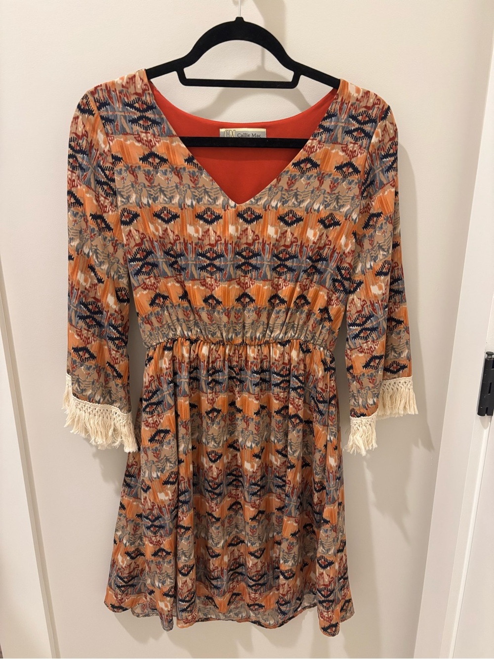 Callie Mac Brand Orange Patterned V-Neck Dress Fringe Bell Sleeves
